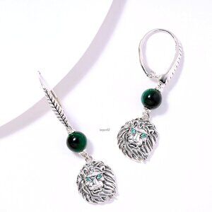 John Hardy JAI Lion Green Agate Tiger's Eye Sterling Silver Earrings 1-5/8" NIB